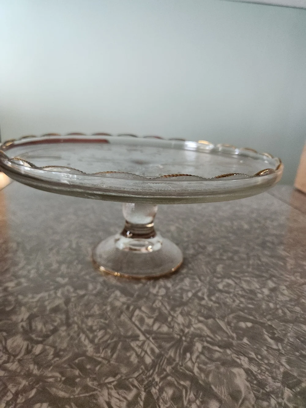 Vintage 1950's Jeannette  Harp Lyre Cake Stand with Scalloped Gold Rim